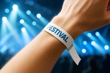 Close-up of hand wearing white festival wristband mockup with blue bold text against blurred blue concert lights background at night scene. Ai generative