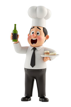 Naklejki Cartoon chef character holding a beverage and platter of food.