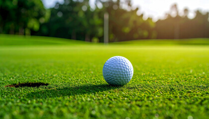 Golf ball near the flagstick hole, golden hour light illuminating the scene Ai Background