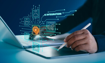 AI integration system connecting data, cloud, automation, API, and analytics through a central AI...