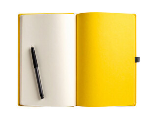 Yellow Notebook with Open Pages and Pen Across Center, Flat Lay