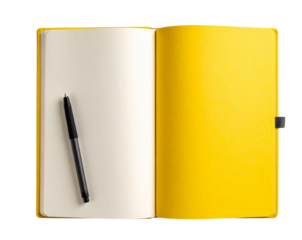 Yellow Notebook with Open Pages and Pen Across Center, Flat Lay