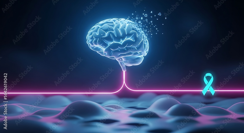 Poster glowing brain with dissolving particles above a neon line and a turquoise ribbon