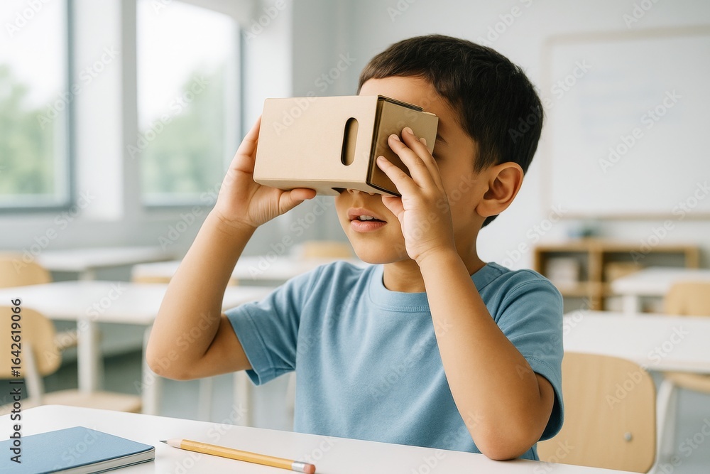 Poster child using cardboard vr headset in classroom, exploring virtual world in educational setting with n