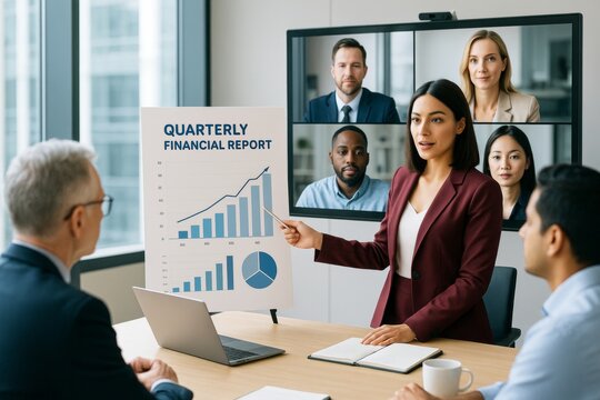 Businesswoman presenting quarterly financial report during hybrid meeting with coworkers in modern office and video call on screen behind. Ai generative