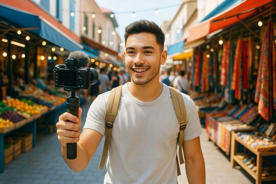 Young man vlogging in a colorful outdoor market with backpack and camera, smiling and enjoying travel experience under warm natural lighting. Ai generative
