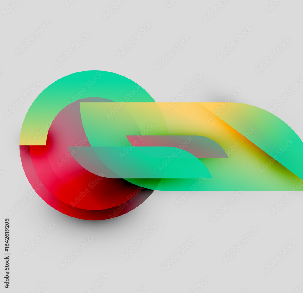 Poster abstract colorful shapes overlap. gradients blend red, green, yellow creating dynamic visual effect.