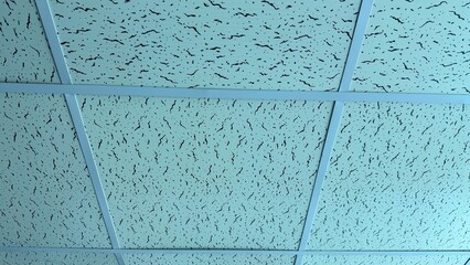 A suspended ceiling features patterned tiles and grid structure in a high resolution photo