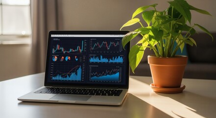 A laptop displaying financial stock market data charts on a desk next to a sunlit green potted plant in a home office.