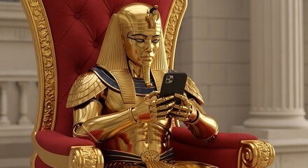 Golden pharaoh robot on throne texting