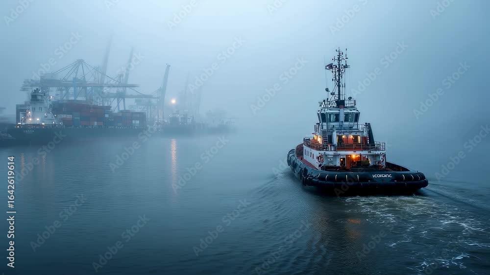 Poster a tugboat navigating through a foggy harbor representing uncertainty in global trade routes as vesse