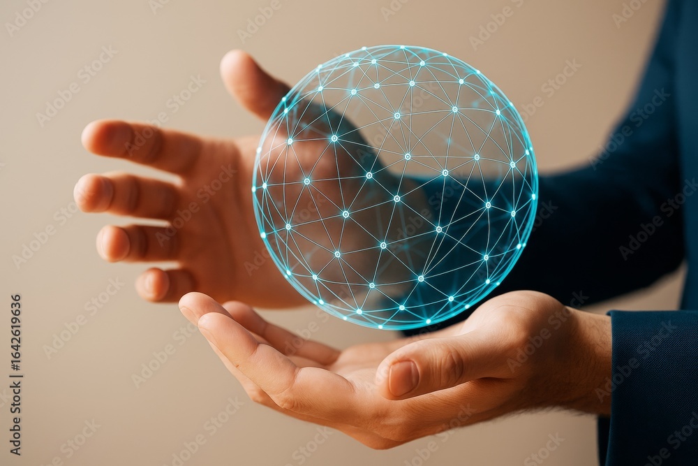 Poster futuristic digital hologram sphere held between hands with glowing network lines and dots, symbolizi