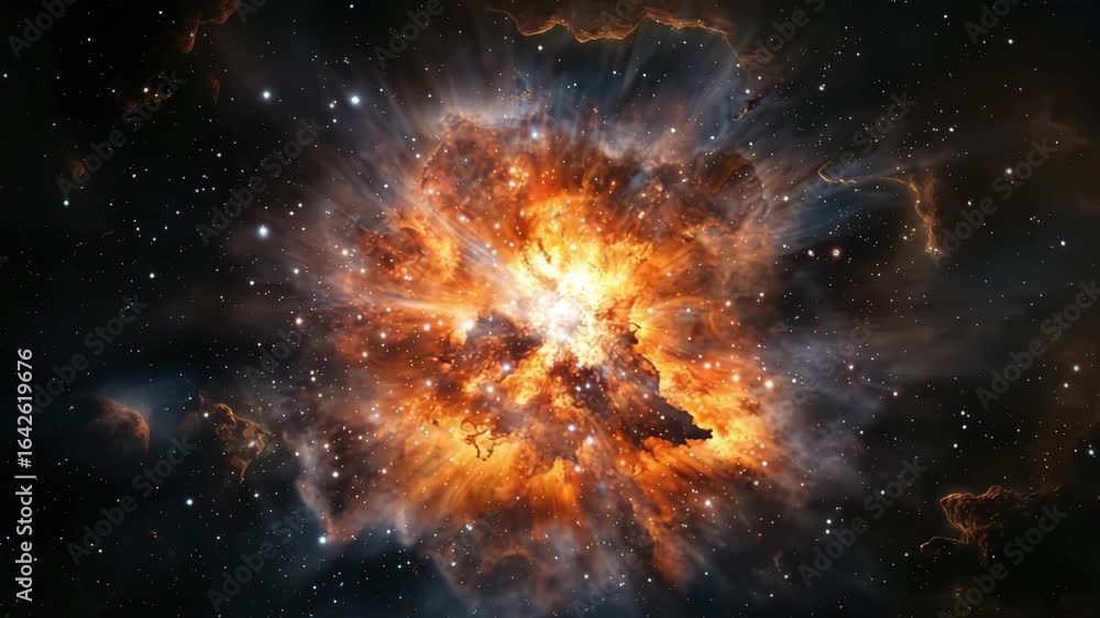 Poster exploding star nebula bright with fiery light radiating deep space surrounded by cosmic dust glowing