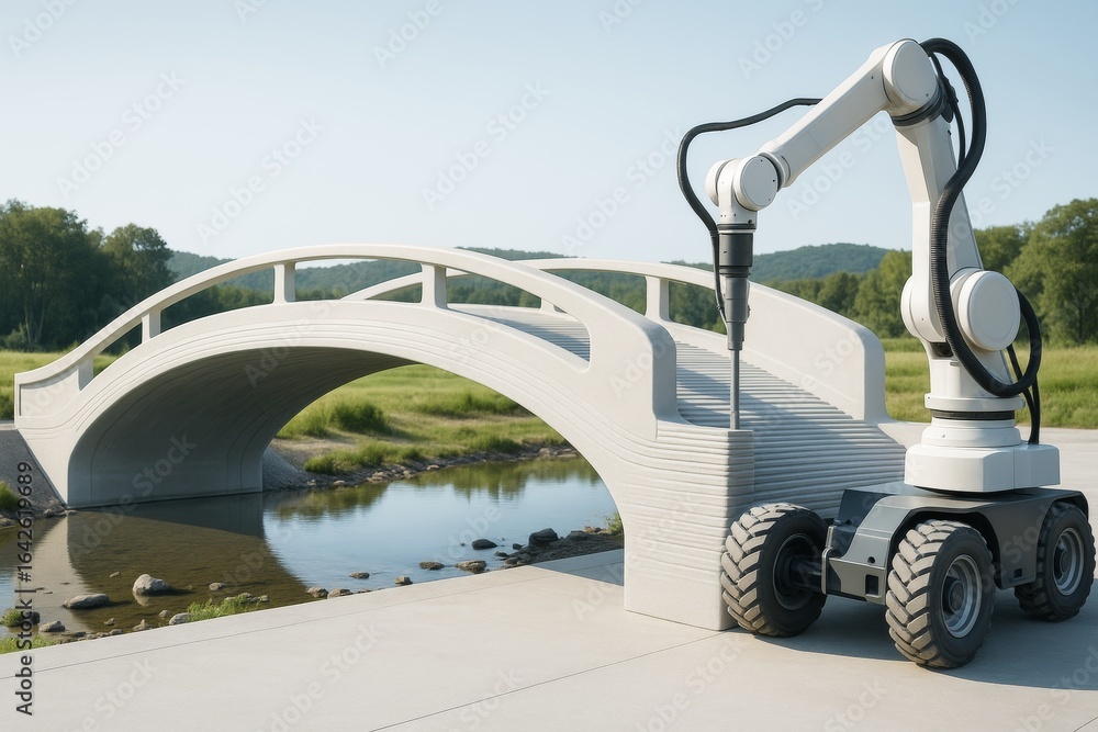 Poster robotic arm constructing modern concrete bridge over stream in outdoor setting with clear sky and na