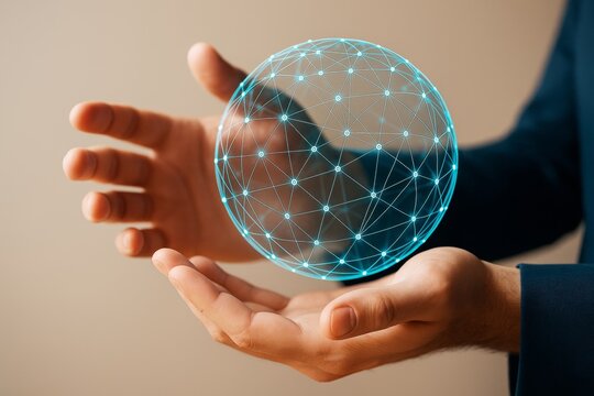 Futuristic digital hologram sphere held between hands with glowing network lines and dots, symbolizing technology and innovation concept. - Powered by Adobe