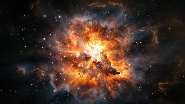 Exploding star nebula bright with fiery light radiating deep space surrounded by cosmic dust glowing gas clouds and distant stars creating dramatic