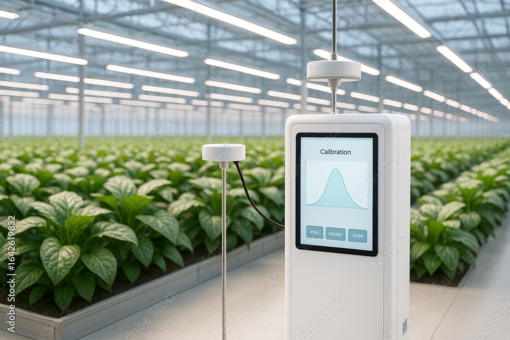 Poster smart agricultural sensor calibrating in high-tech greenhouse with leafy crops under artificial ligh