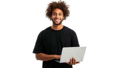 Happy Black man with afro holding a laptop computer