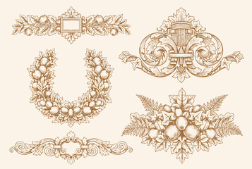 Floral decorative vector elements set, rococo and baroque style, vintage royal details