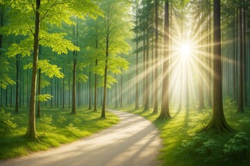 Obraz premium Peaceful forest path with sunlight streaming through tall trees in lush green woodland landscape during early morning light burst.