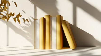 sophisticated book series render, golden mustard hardbacks, pure white page details, artistic book positioning, delicate shadow play, photorealistic 3d modeling, clean composition, contemporary