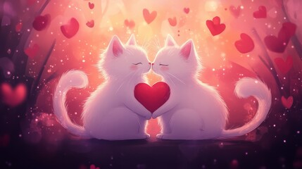 sweet valentine artwork pure white cat couple sitting close together tails forming heart shape kawaii anime faces with detailed expressions red flower petals dancing around crystalline sparkles in