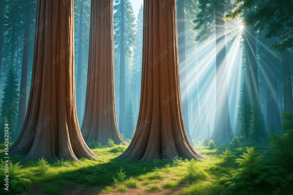 Poster majestic forest scene with giant tree trunks and sunlight rays filtering through misty green woodlan