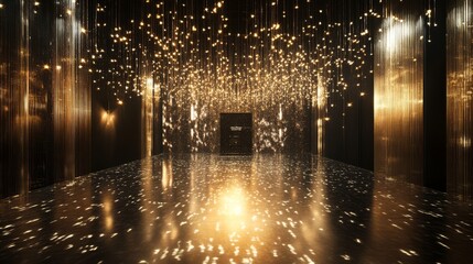 High-end venue lighting design featuring parallel golden light arrays cutting through darkness, glossy floor surface creating geometric light reflections, floating illuminated particles adding