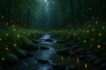 Magical forest stream glowing with fireflies at night under lush green trees in a peaceful fairy-tale landscape background. Ai generative. Ai generative