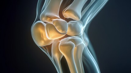 close-up view of a highly detailed anatomical knee joint model with transparent bones, revealing the inner structure including ligaments, cartilage, and synovial fluid the model is illuminated with