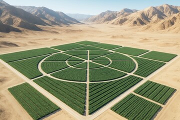 Geometric green crop fields in desert valley surrounded by arid mountains under clear sky, showcasing innovative agriculture design concept. Ai generative