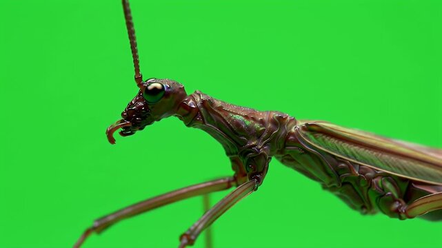 Stick insect close-up on vivid green screen. Phasmid insect in profile for easy compositing and nature study.