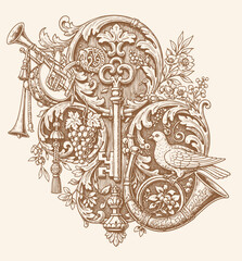 engraving illustration of victorian, rococo, baroque style elements. book cover, social media, t shirt design application