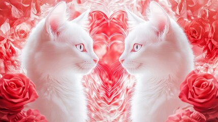 adorable symmetrical composition featuring two pure white cats facing each other anime style large expressive eyes pink blushing cheeks heart shaped pattern swirling in background blooming red roses