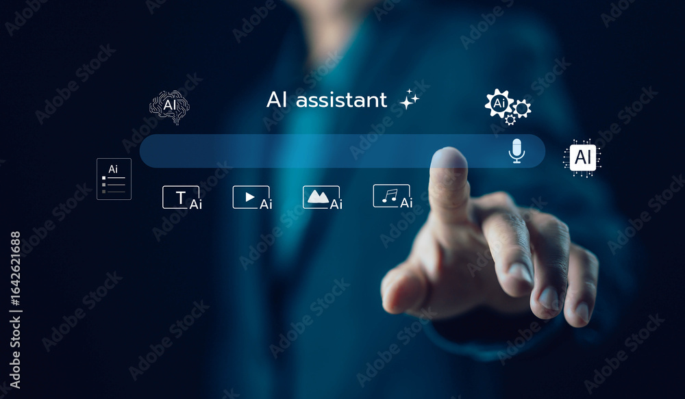 Poster businessman using ai assistant interface with futuristic digital icons, representing artificial inte