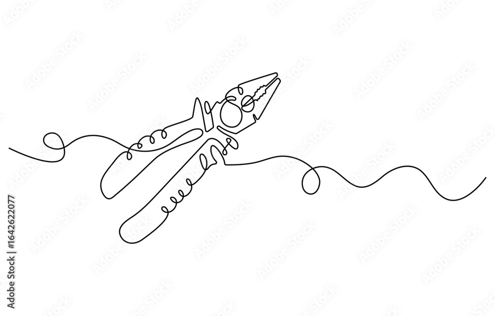 Poster continuous one line drawing of pliers- engineer equipment. pliers in single line draw illustration. 