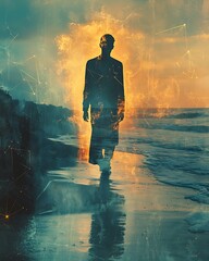 Obraz premium Solitary Figure Walking on Beach at Sunset with Warm Glow