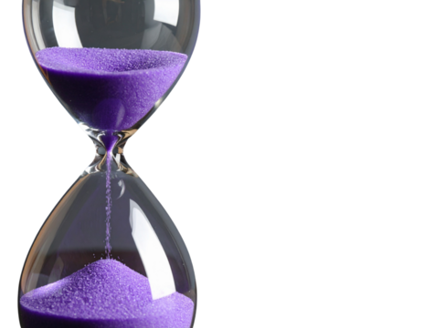 Minimalist Hourglass with Vibrant Violet Sand on Black Backdrop