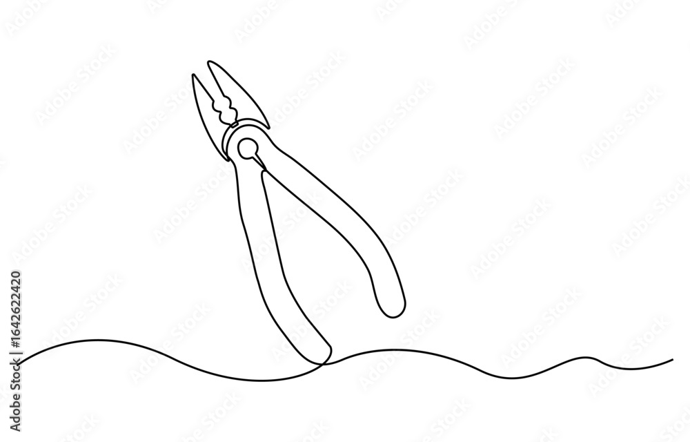 Poster continuous one line drawing of pliers- engineer equipment. pliers in single line draw illustration. 
