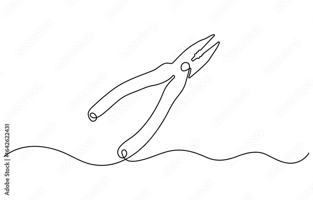 Poster continuous one line drawing of pliers- engineer equipment. pliers in single line draw illustration. 