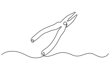 Continuous one line drawing of pliers- engineer equipment. pliers in single line draw illustration. Editable stroke, pliers continuous line art drawing, Pliers in one continuous line drawing.