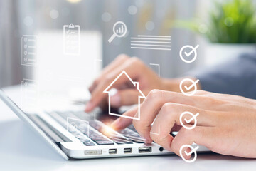 Businessman approving digital property documents, managing real estate reviews, customer ratings,...