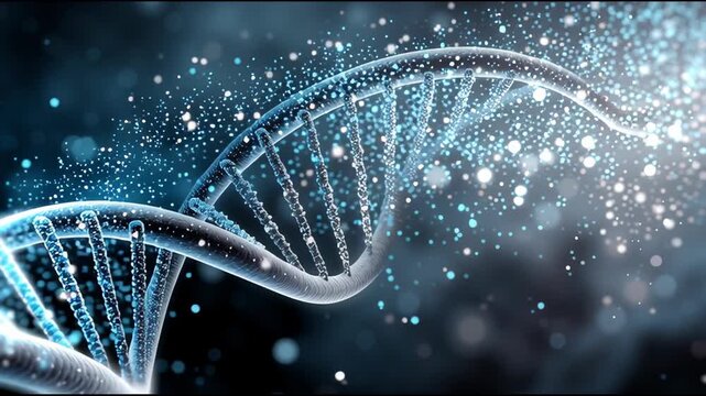 Holographic DNA Helix of Quantum Particles Rotates in Futuristic Digital Space Creating Glowing, Ethereal, Scientific Atmosphere