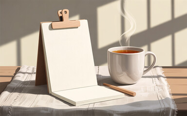 White mug of tea next to open notepad and pencil blank
