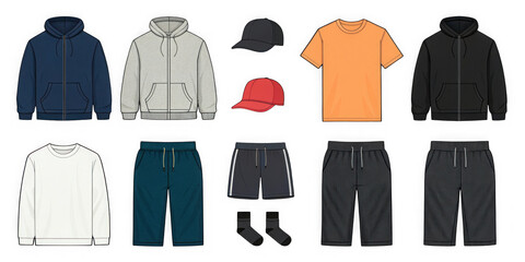 Collection of mens casual wear including hoodies, tshirts, shorts, pants, and caps isolated on transparent background