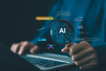 Person analyzing AI technology on laptop with magnifying glass, showing artificial intelligence, big data analytics, digital transformation in modern business innovation. AI generates a command prompt