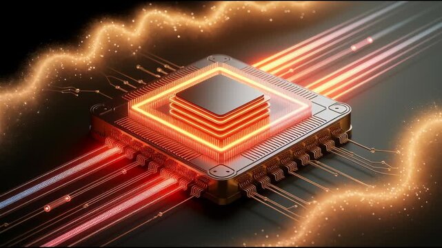 Futuristic Microchip with Glowing Circuits and Energy Flow Showcasing Advanced Technology and Innovation in Vibrant Red and Orange