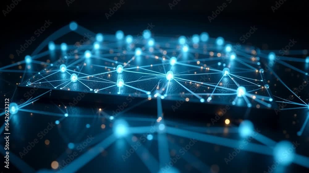 Poster dynamic glowing network nodes pulsate on digital device for cutting-edge technology concept