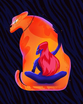 Surreal woman with blue skin and flame-orange tiger