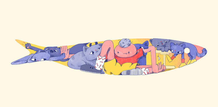 Pet owner and cats in fish silhouette